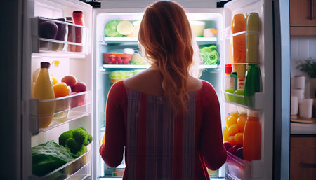 View from the back of Beautiful Young Woman Opens Fridge Door, Looks inside Takes out Vegetables. Woman Preparing Healthy Meal Using Groceries full of Healthy. Generative AI Illustrationの素材