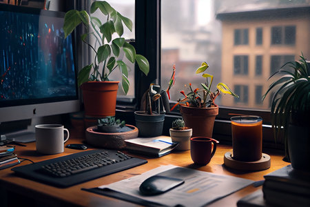 Desktop and View from a plant-cluttered desk out a window into a rainy city. Generative AIの素材