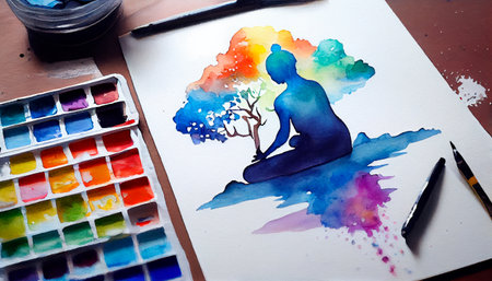 Watercolor meditation and mindfulness lifestyle concept art, spiritual awareness, mental soul health, self care, healthy habit. Generative AI technologyの素材