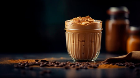 Whipped instant coffee or dalgona coffee recent craze in food and drink. one glass with copy space, light background. Generative AI illustratorの素材