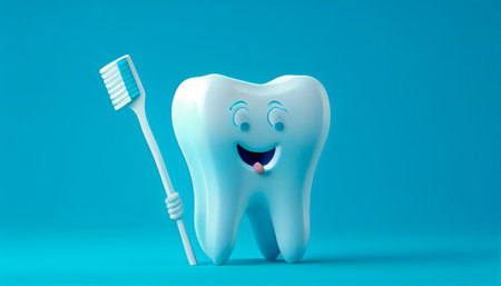 White happy tooth with a toothbrush on blue background. cartoon character. Generative AI technologyの素材