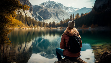 Woman sitting in front of a lake, adventure. Generative AIの素材