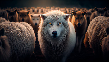 A wolf in the skin of a sheep among sheep. Generative AIの素材
