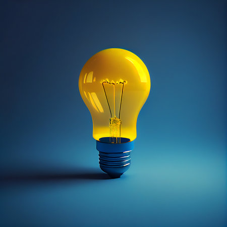 Yellow light bulb on a blue background. Generative AIの素材