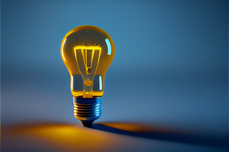 Yellow light bulb on a blue background. Generative AIの素材