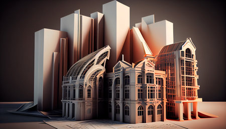 3D buildings emerging from architectural drawings. The concept of architectural dreams and ambitions. Give free rein to your imagination. Generative AIの素材