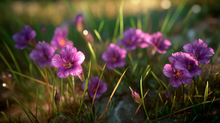A bunch of purple flowers that are in the grass. Generative AI illustrationの素材