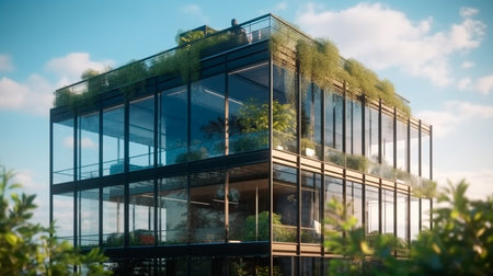 Modern office building with a glass facade and greenery on the rooftop. Generative AI technologyの素材