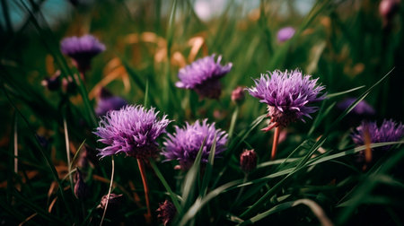 a bunch of purple flowers that are in the grass. Generative AI illustratorの素材