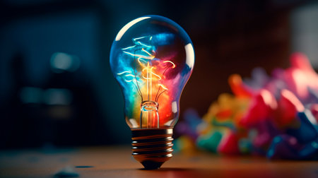 A colorful glowing 3d idea bulb lamp banner, visualization of brainstorming, bright idea and creative thinking, copy space. Generative AI illustratorの素材