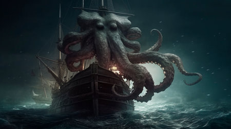 A giant octopus kraken monster attacking a pirate ship in the dark ocean. Generative AI illustratorの素材