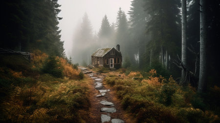 A cabin in the middle of a forest with fog and trees on the mountain side and a foggy sky above it, with a path leading to a cabin in the middle of the woods. Generative AI technologyの素材