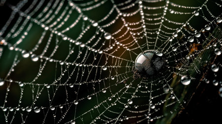 A close up of a spider web with water droplets on it. Generative AI illustratorの素材