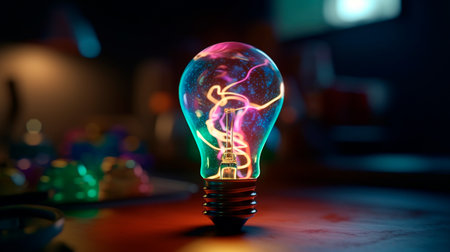 A colorful glowing 3d idea bulb lamp banner, visualization of brainstorming, bright idea and creative thinking, copy space. Generative AI illustratorの素材