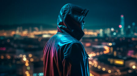 a hacker in a hooded jacket standing in front of a cityscape. Generative AI illustratorの素材