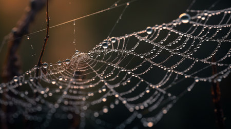 A close up of a spider web with water droplets on it. Generative AI illustratorの素材