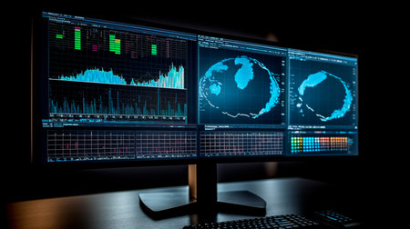 A computer screen displaying multiple financial reports and graphs and pie, representing the idea of data analysis and strategic decision making in business management. Generative AI illustratorの素材