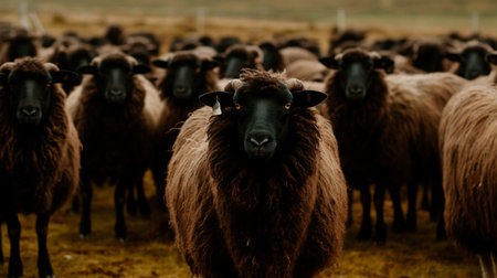 A herd of black sheep with a white one in the middle. Generative AI Technologyの素材
