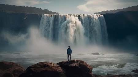 A person standing on a cliff overlooking a massive waterfall. Generative AI illustratorの素材