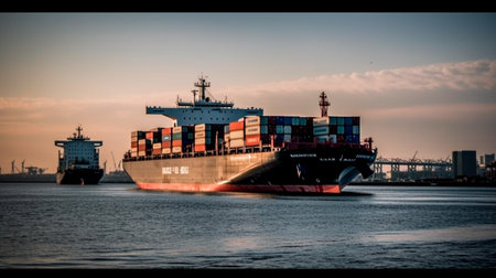 A loaded container cargo ship is seen in the front as docked at the port. Generative AI Technologyの素材
