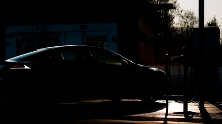 A silhouette of an EV electric car with a low battery charge at an electric charging station is seen. Generative AI illustratorの素材