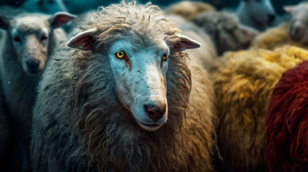 A wolf in the skin of a sheep among sheep. Generative AI illustratorの素材