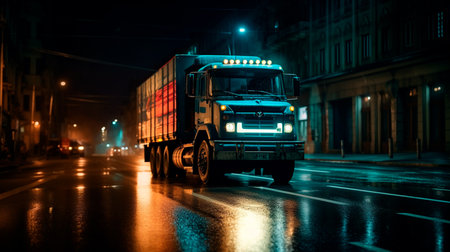 A truck speeding in the city at night with tail lights giving a speed impression. Generative AI illustratorの素材