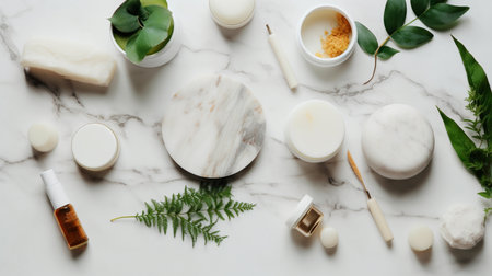 A top view of a collection of organic skincare products arranged on a white stone table. Ideal for promoting natural and chemical-free skincare. Generative AI illustratorの素材