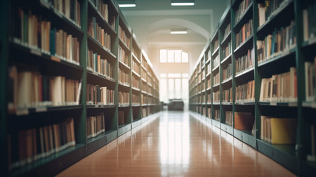 Abstract blurred empty college library interior space. Blurry classroom with bookshelves by defocused effect. Use for background or backdrop in book shop business or education resources concepts. Generative AI technologyの素材