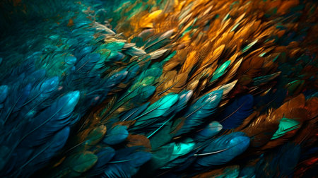 Abstract background with feather pattern gradients and texture digital painting in blue green and gold colours. Generative AI illustratorの素材