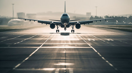 Airplane taking off or landing on airport runway. Generative AI illustratorの素材