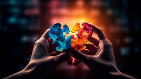 Hands holding jigsaw puzzle heart shape. Generative AI illustratorの素材