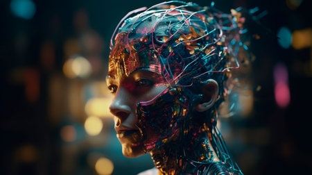 Artificial Intelligence Conscience - Existential Threat from AGI - AI Takeover Concept with Digital Face on Tech Background. Generative AI technologyの素材
