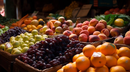 Assorted fresh vegetables and fruits in market. Generative AI Illustrationの素材