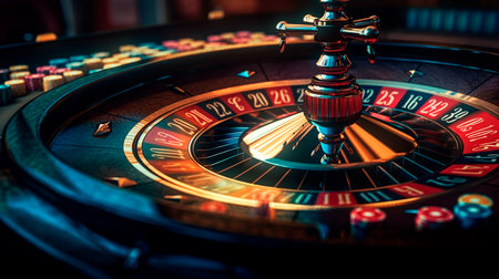 Banner Casino Las Vegas game roulette wheel spinning. Generative AI illustratorの素材