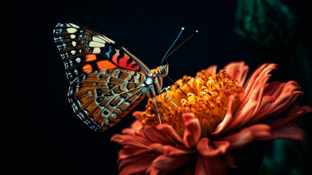 Beautiful butterfly on a flower on a black background. Generative AI illustratorの素材