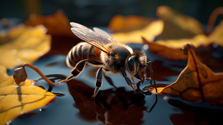 Bee on water, honeybee macro. Generative AI illustratorの素材