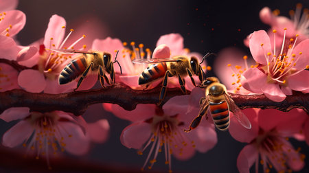 Bees on Sakura twig macro illustration for Cherry blossom day. Generative AI illustratorの素材