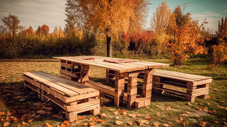 Benches and a table made of euro pallets, Outdoor furniture. Generative AI technologyの素材