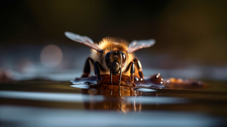 Bee on water, honeybee macro. Generative AI illustratorの素材