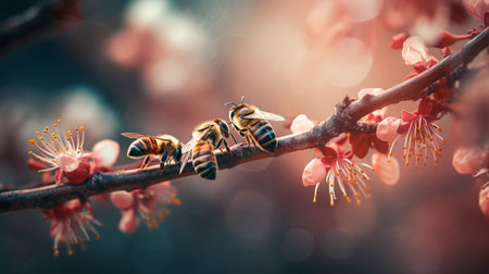 Bees on Sakura twig macro illustration for Cherry blossom day. Generative AI illustratorの素材