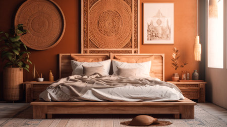 Blank wooden frame in a boho bedroom. Mock up template for Design or product placement created using. Generative AI technologyの素材