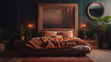 Blank wooden frame in a boho bedroom. Mock up template for Design or product placement created using. Generative AI technologyの素材