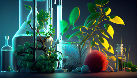 Biology laboratory nature and science, plant and environmental study, DNA, gene therapy, and plants with biochemistry structures on white backgrounds. Generative AI illustratorの素材