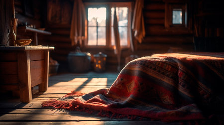 Blanket in a winter cabin. Generative AI illustratorの素材