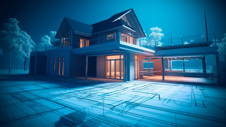 blueprint designs and a home model for a construction project. Background in real estate, housing project building, and engineering design. plans for residential construction. Generative AI illustratorの素材