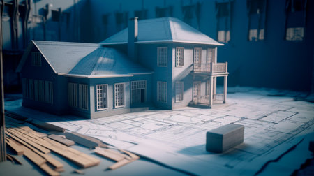 blueprint designs and a home model for a construction project. Background in real estate, housing project building, and engineering design. plans for residential construction. Generative AI illustratorの素材