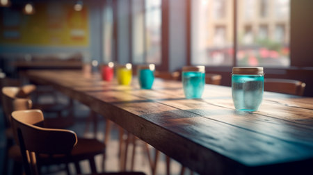 Blurred background of a cafe or restaurant features an empty wooden table. Generative AI illustratorの素材