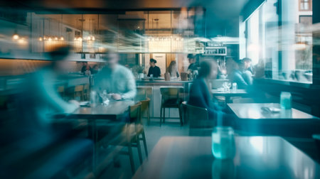 Blurred restaurant background with some people eating and chefs and waiters working. Generative AI illustratorの素材