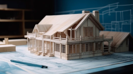 blueprint designs and a home model for a construction project. Background in real estate, housing project building, and engineering design. plans for residential construction. Generative AI illustratorの素材